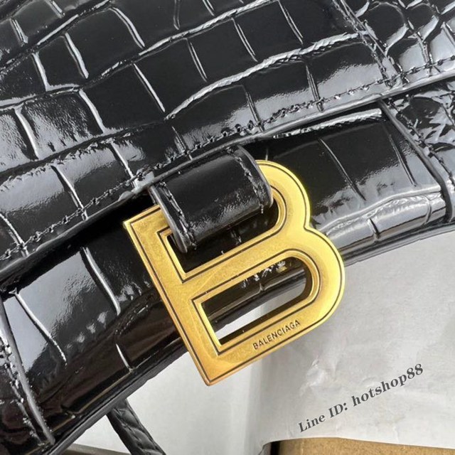 Balenciaga專櫃爆款鱷魚紋黑色金扣Hourglass沙漏包 巴黎世家頂級原單手提肩背包 fyj1216